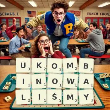 Kreatywna ilustracja do gry w Scrabble ze słowem UKOMBINOWALIŚMY ułożonym z płytek na planszy.