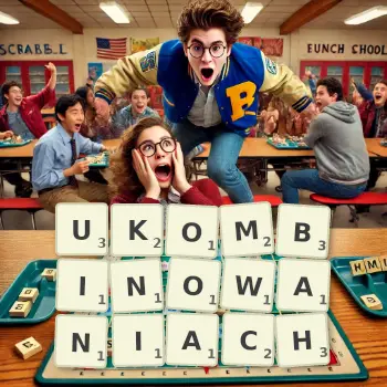 Kreatywna ilustracja do gry w Scrabble ze słowem UKOMBINOWANIACH ułożonym z płytek na planszy.