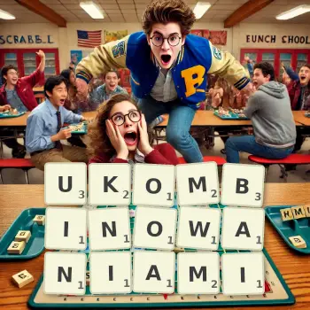 Kreatywna ilustracja do gry w Scrabble ze słowem UKOMBINOWANIAMI ułożonym z płytek na planszy.