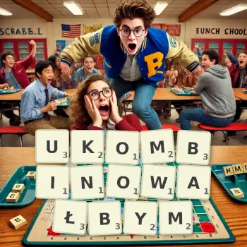 Kreatywna ilustracja do gry w Scrabble ze słowem UKOMBINOWAŁBYM ułożonym z płytek na planszy.