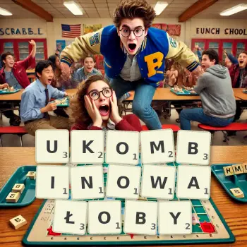 Kreatywna ilustracja do gry w Scrabble ze słowem UKOMBINOWAŁOBY ułożonym z płytek na planszy.