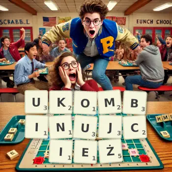 Kreatywna ilustracja do gry w Scrabble ze słowem UKOMBINUJCIEŻ ułożonym z płytek na planszy.