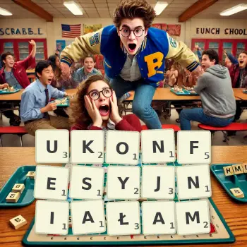 Kreatywna ilustracja do gry w Scrabble ze słowem UKONFESYJNIAŁAM ułożonym z płytek na planszy.