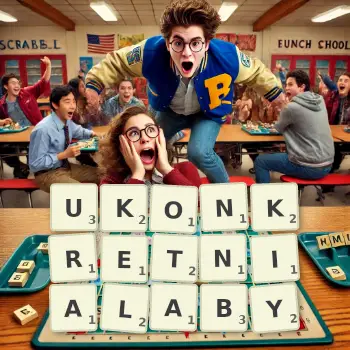 Kreatywna ilustracja do gry w Scrabble ze słowem UKONKRETNIALABY ułożonym z płytek na planszy.