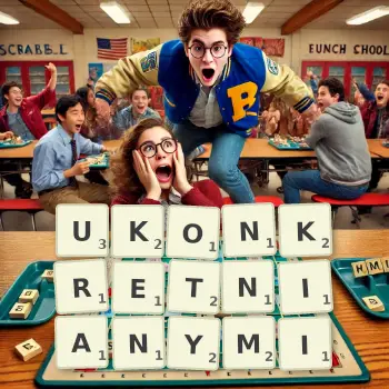 Kreatywna ilustracja do gry w Scrabble ze słowem UKONKRETNIANYMI ułożonym z płytek na planszy.