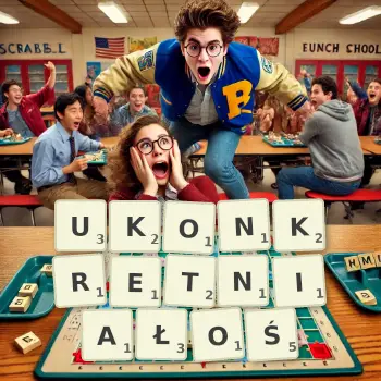 Kreatywna ilustracja do gry w Scrabble ze słowem UKONKRETNIAŁOŚ ułożonym z płytek na planszy.