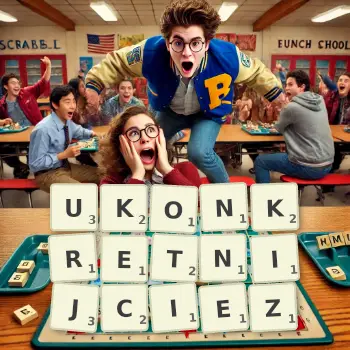 Kreatywna ilustracja do gry w Scrabble ze słowem UKONKRETNIJCIEZ ułożonym z płytek na planszy.