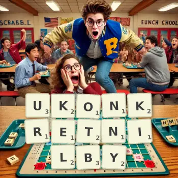 Kreatywna ilustracja do gry w Scrabble ze słowem UKONKRETNILBY ułożonym z płytek na planszy.