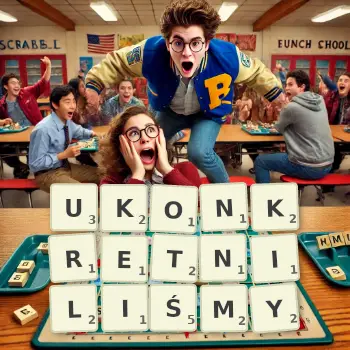 Kreatywna ilustracja do gry w Scrabble ze słowem UKONKRETNILIŚMY ułożonym z płytek na planszy.