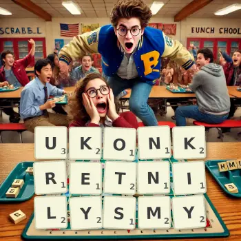 Kreatywna ilustracja do gry w Scrabble ze słowem UKONKRETNILYSMY ułożonym z płytek na planszy.