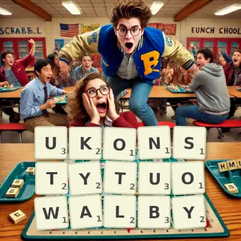 Kreatywna ilustracja do gry w Scrabble ze słowem UKONSTYTUOWALBY ułożonym z płytek na planszy.