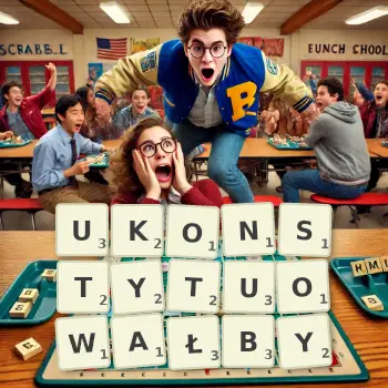 Kreatywna ilustracja do gry w Scrabble ze słowem UKONSTYTUOWAŁBY ułożonym z płytek na planszy.