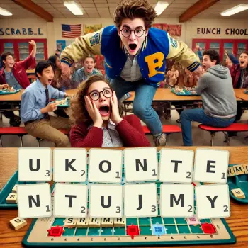 Kreatywna ilustracja do gry w Scrabble ze słowem UKONTENTUJMY ułożonym z płytek na planszy.