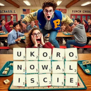 Kreatywna ilustracja do gry w Scrabble ze słowem UKORONOWALISCIE ułożonym z płytek na planszy.