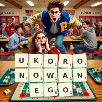 Kreatywna ilustracja do gry w Scrabble ze słowem UKORONOWANEGO ułożonym z płytek na planszy.