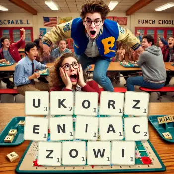 Kreatywna ilustracja do gry w Scrabble ze słowem UKORZENIACZOWI ułożonym z płytek na planszy.