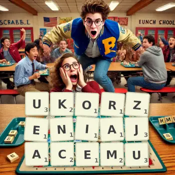 Kreatywna ilustracja do gry w Scrabble ze słowem UKORZENIAJACEMU ułożonym z płytek na planszy.