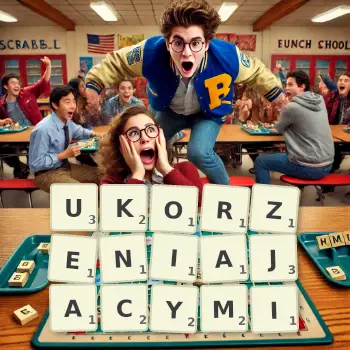 Kreatywna ilustracja do gry w Scrabble ze słowem UKORZENIAJACYMI ułożonym z płytek na planszy.