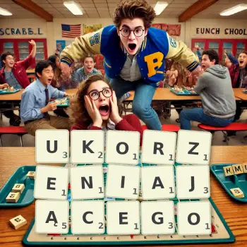 Kreatywna ilustracja do gry w Scrabble ze słowem UKORZENIAJĄCEGO ułożonym z płytek na planszy.