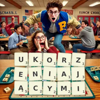 Kreatywna ilustracja do gry w Scrabble ze słowem UKORZENIAJĄCYMI ułożonym z płytek na planszy.