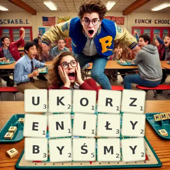 Kreatywna ilustracja do gry w Scrabble ze słowem UKORZENIŁYBYŚMY ułożonym z płytek na planszy.