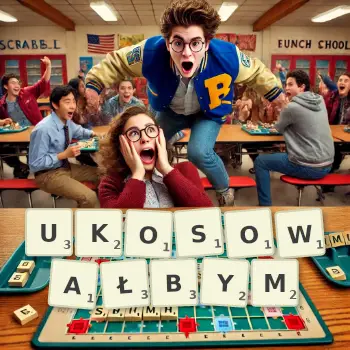 Kreatywna ilustracja do gry w Scrabble ze słowem UKOSOWAŁBYM ułożonym z płytek na planszy.