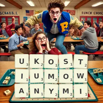 Kreatywna ilustracja do gry w Scrabble ze słowem UKOSTIUMOWANYMI ułożonym z płytek na planszy.