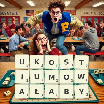 Kreatywna ilustracja do gry w Scrabble ze słowem UKOSTIUMOWAŁABY ułożonym z płytek na planszy.