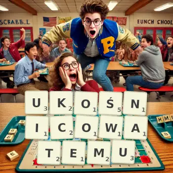 Kreatywna ilustracja do gry w Scrabble ze słowem UKOŚNICOWATEMU ułożonym z płytek na planszy.