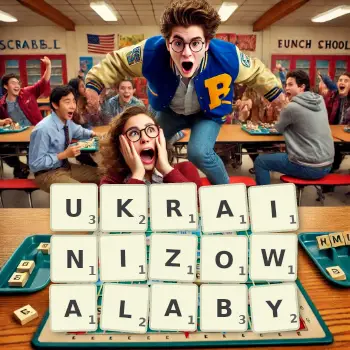 Kreatywna ilustracja do gry w Scrabble ze słowem UKRAINIZOWALABY ułożonym z płytek na planszy.