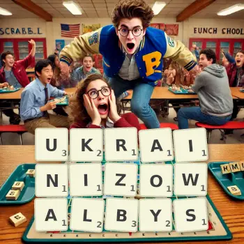 Kreatywna ilustracja do gry w Scrabble ze słowem UKRAINIZOWALBYS ułożonym z płytek na planszy.