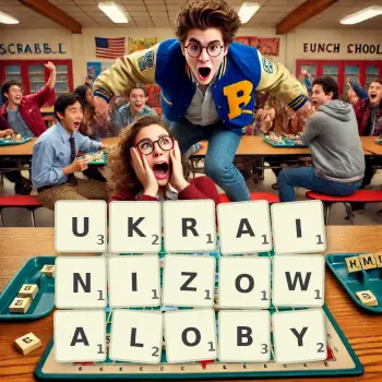 Kreatywna ilustracja do gry w Scrabble ze słowem UKRAINIZOWALOBY ułożonym z płytek na planszy.