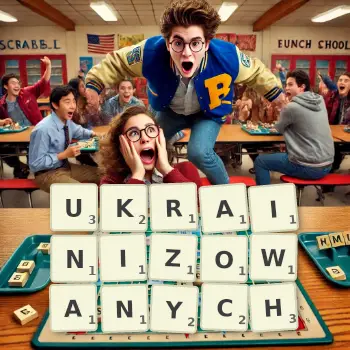 Kreatywna ilustracja do gry w Scrabble ze słowem UKRAINIZOWANYCH ułożonym z płytek na planszy.