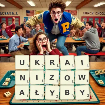 Kreatywna ilustracja do gry w Scrabble ze słowem UKRAINIZOWAŁYBY ułożonym z płytek na planszy.