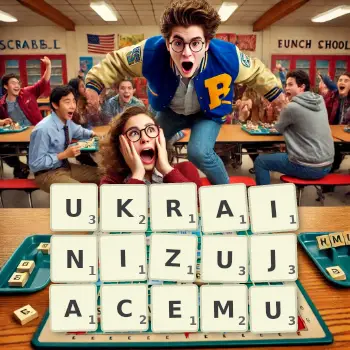 Kreatywna ilustracja do gry w Scrabble ze słowem UKRAINIZUJACEMU ułożonym z płytek na planszy.