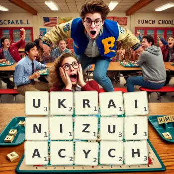 Kreatywna ilustracja do gry w Scrabble ze słowem UKRAINIZUJACYCH ułożonym z płytek na planszy.