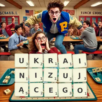 Kreatywna ilustracja do gry w Scrabble ze słowem UKRAINIZUJĄCEGO ułożonym z płytek na planszy.