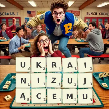 Kreatywna ilustracja do gry w Scrabble ze słowem UKRAINIZUJĄCEMU ułożonym z płytek na planszy.