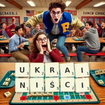 Kreatywna ilustracja do gry w Scrabble ze słowem UKRAINIŚCI ułożonym z płytek na planszy.