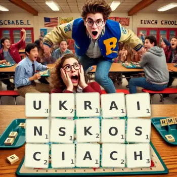 Kreatywna ilustracja do gry w Scrabble ze słowem UKRAINSKOSCIACH ułożonym z płytek na planszy.