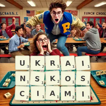 Kreatywna ilustracja do gry w Scrabble ze słowem UKRAINSKOSCIAMI ułożonym z płytek na planszy.