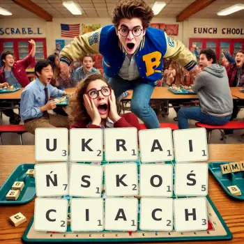 Kreatywna ilustracja do gry w Scrabble ze słowem UKRAIŃSKOŚCIACH ułożonym z płytek na planszy.