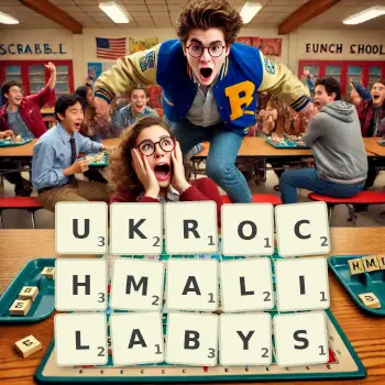 Kreatywna ilustracja do gry w Scrabble ze słowem UKROCHMALILABYS ułożonym z płytek na planszy.