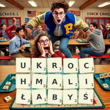 Kreatywna ilustracja do gry w Scrabble ze słowem UKROCHMALIŁABYŚ ułożonym z płytek na planszy.