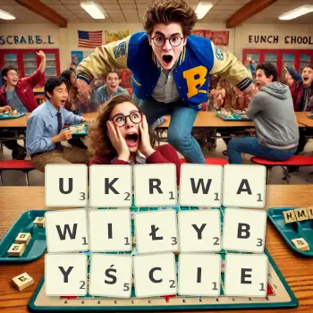 Kreatywna ilustracja do gry w Scrabble ze słowem UKRWAWIŁYBYŚCIE ułożonym z płytek na planszy.