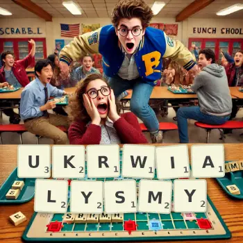 Kreatywna ilustracja do gry w Scrabble ze słowem UKRWIALYSMY ułożonym z płytek na planszy.