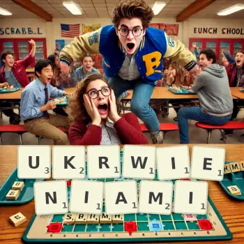 Kreatywna ilustracja do gry w Scrabble ze słowem UKRWIENIAMI ułożonym z płytek na planszy.