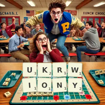 Kreatywna ilustracja do gry w Scrabble ze słowem UKRWIONY ułożonym z płytek na planszy.