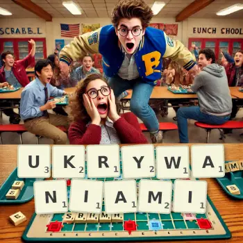 Kreatywna ilustracja do gry w Scrabble ze słowem UKRYWANIAMI ułożonym z płytek na planszy.