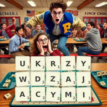 Kreatywna ilustracja do gry w Scrabble ze słowem UKRZYWDZAJACYMI ułożonym z płytek na planszy.